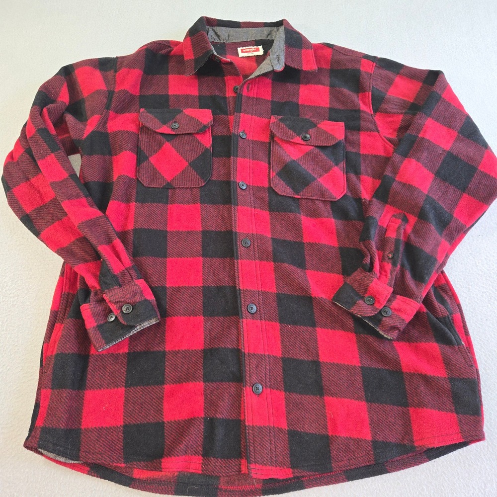 Wrangler Fleece Shirt Mens‎ Large Red Black Buffalo Plaid Button Up HLP3PWR